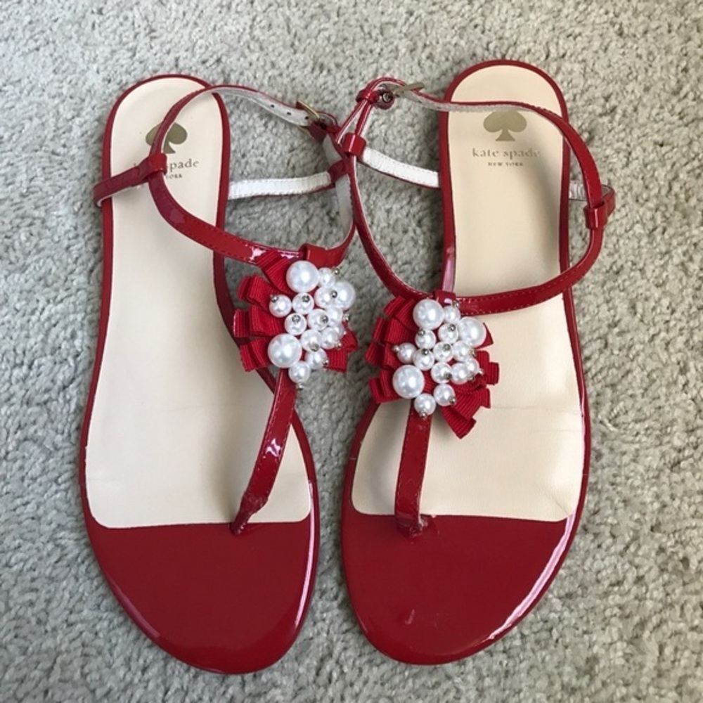 kate spade Red Patent Pearl Embellished T-Strap Sandals